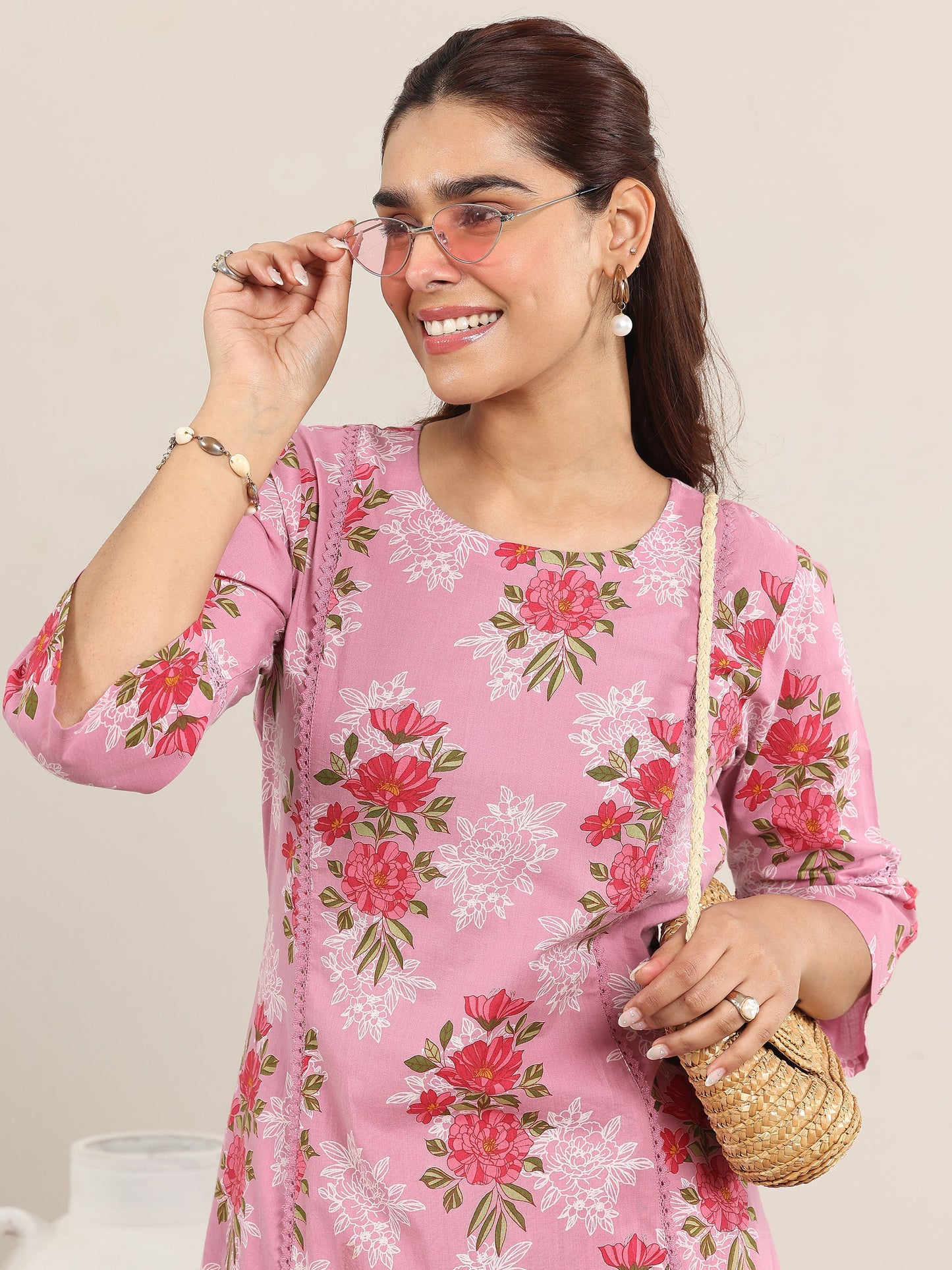 Pink Printed Cotton A-line Kurta Set