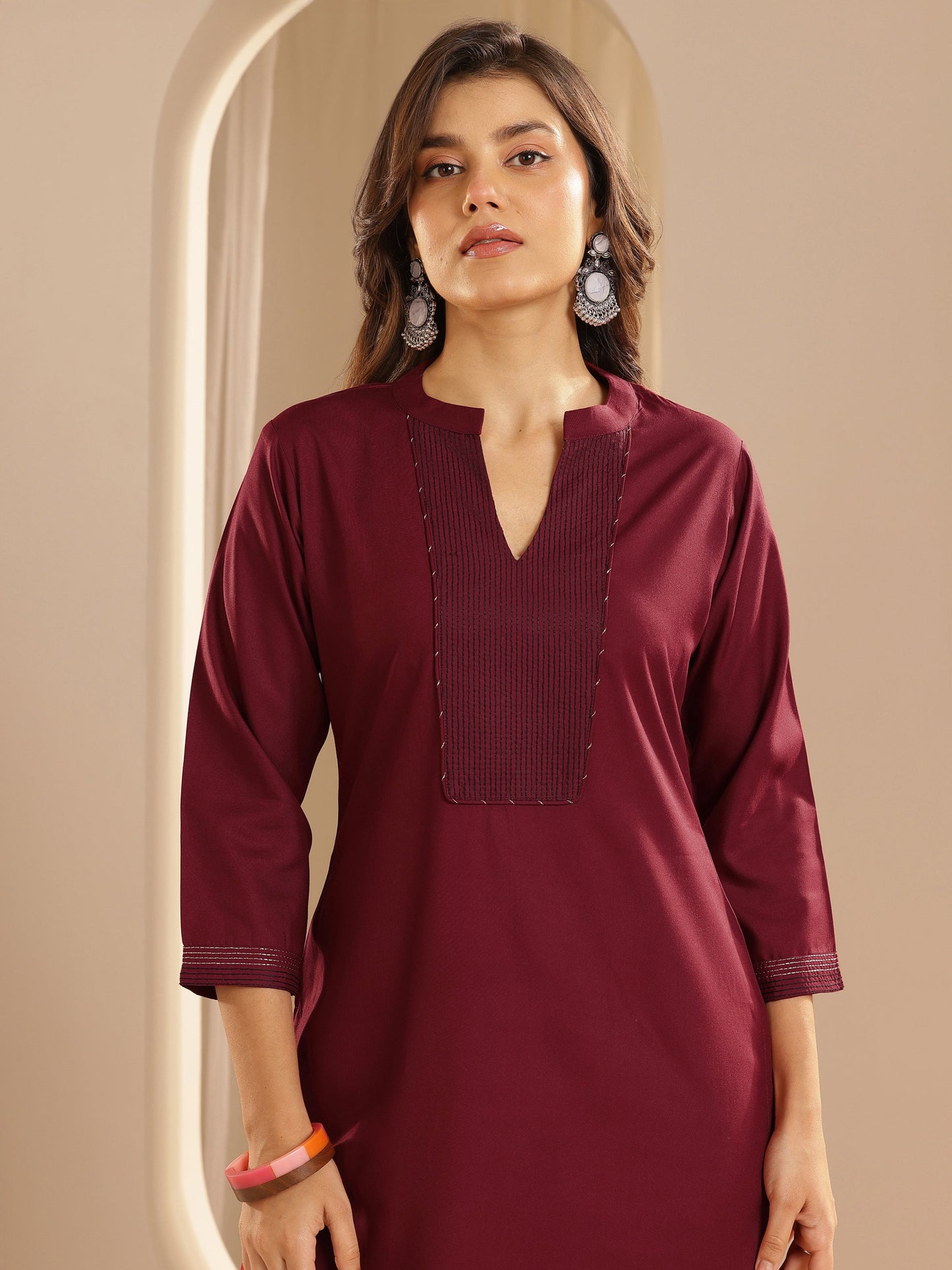 Maroon Yoke Design Viscose Rayon Straight Suit Set With Dupatta