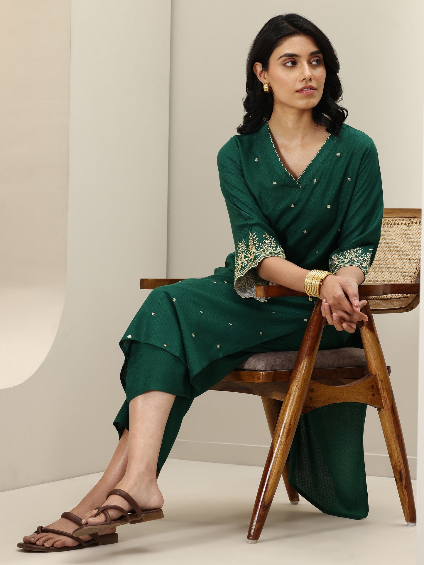 Green Self Design Rayon Straight Kurta Set