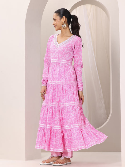 Pink Bandhani Cotton Anarkali Suit Set With Dupatta