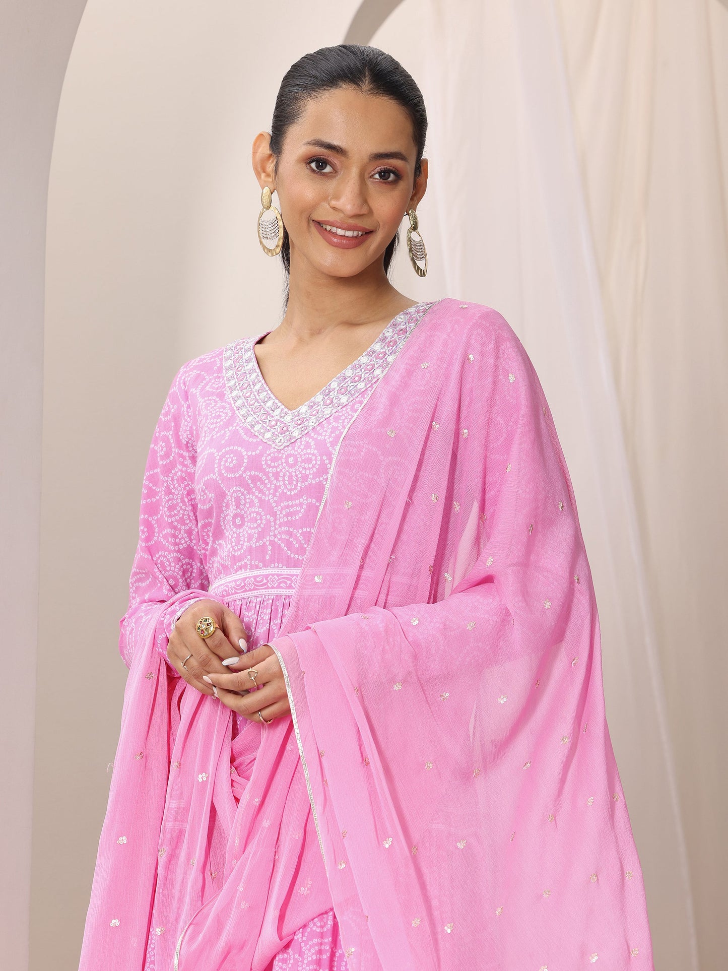 Pink Bandhani Cotton Anarkali Suit Set With Dupatta
