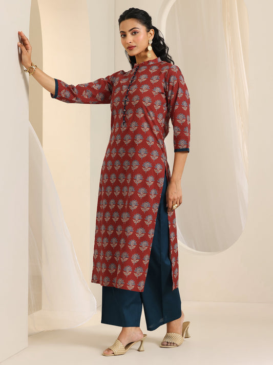 Maroon Printed Cotton Straight Kurta Set