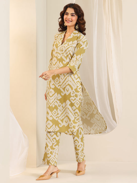 Mustard Printed Cotton Blend Straight Kurta Set
