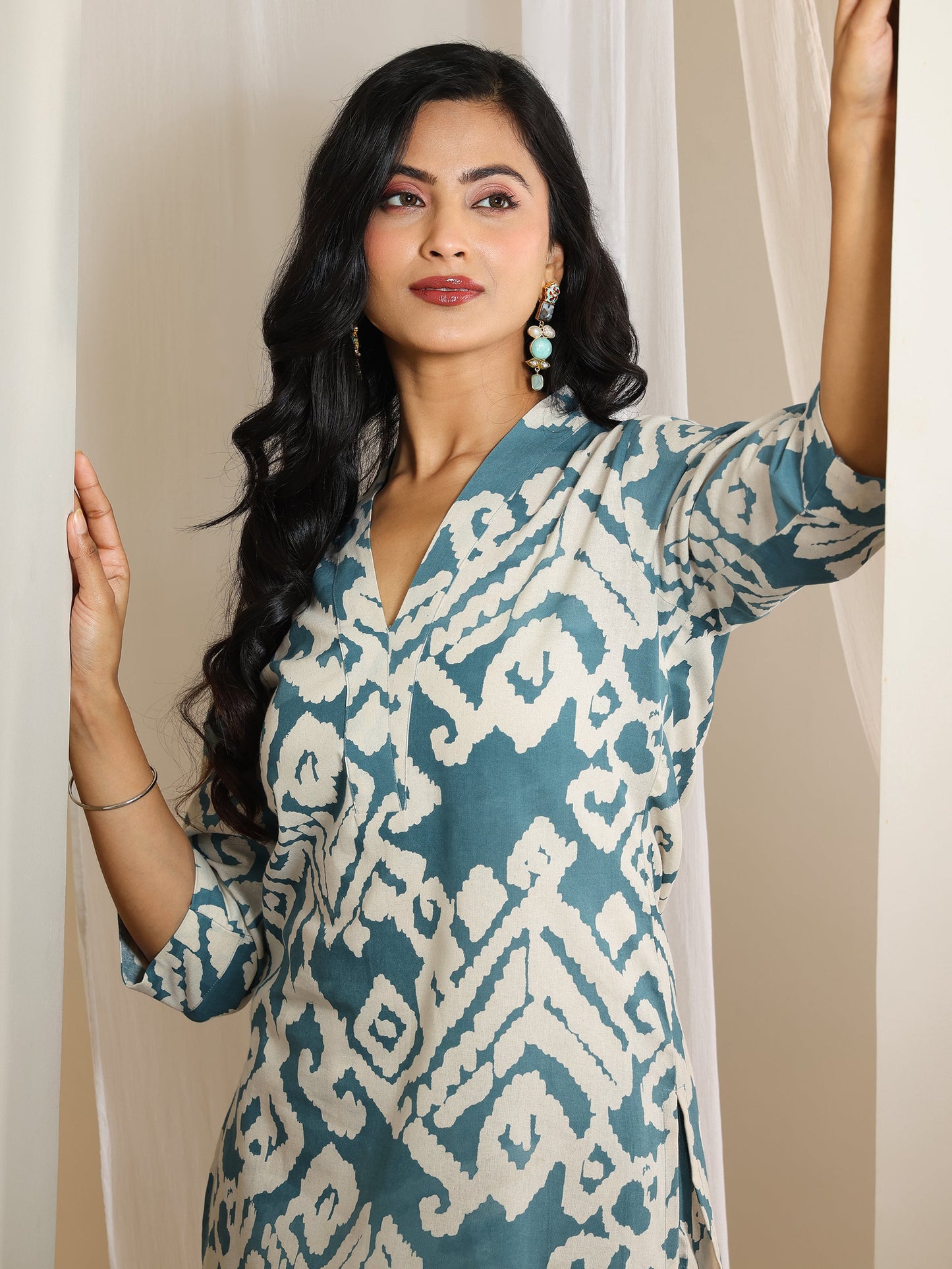 Blue Printed Cotton Blend Straight Kurta Set