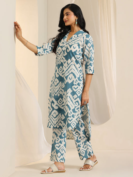 Blue Printed Cotton Blend Straight Kurta Set