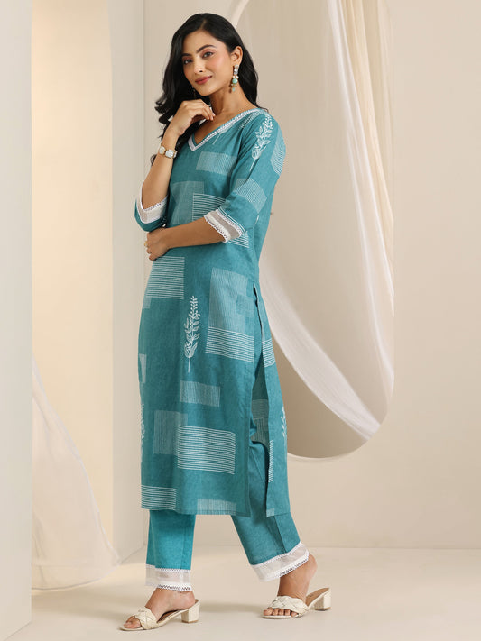 Blue Printed Cotton Straight Kurta Set