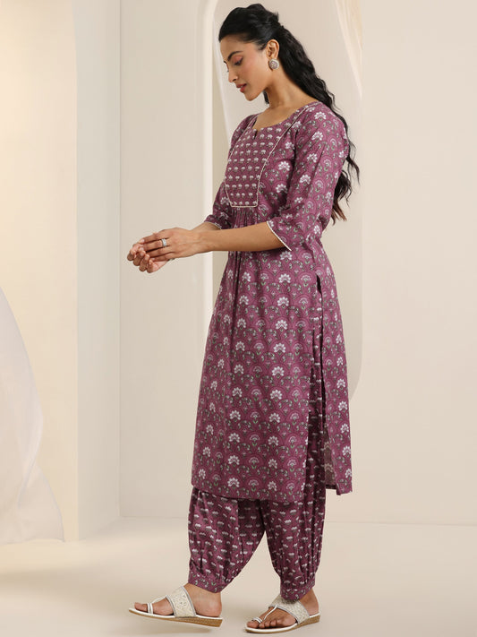 Mauve Printed Cotton Straight Suit Set With Dupatta