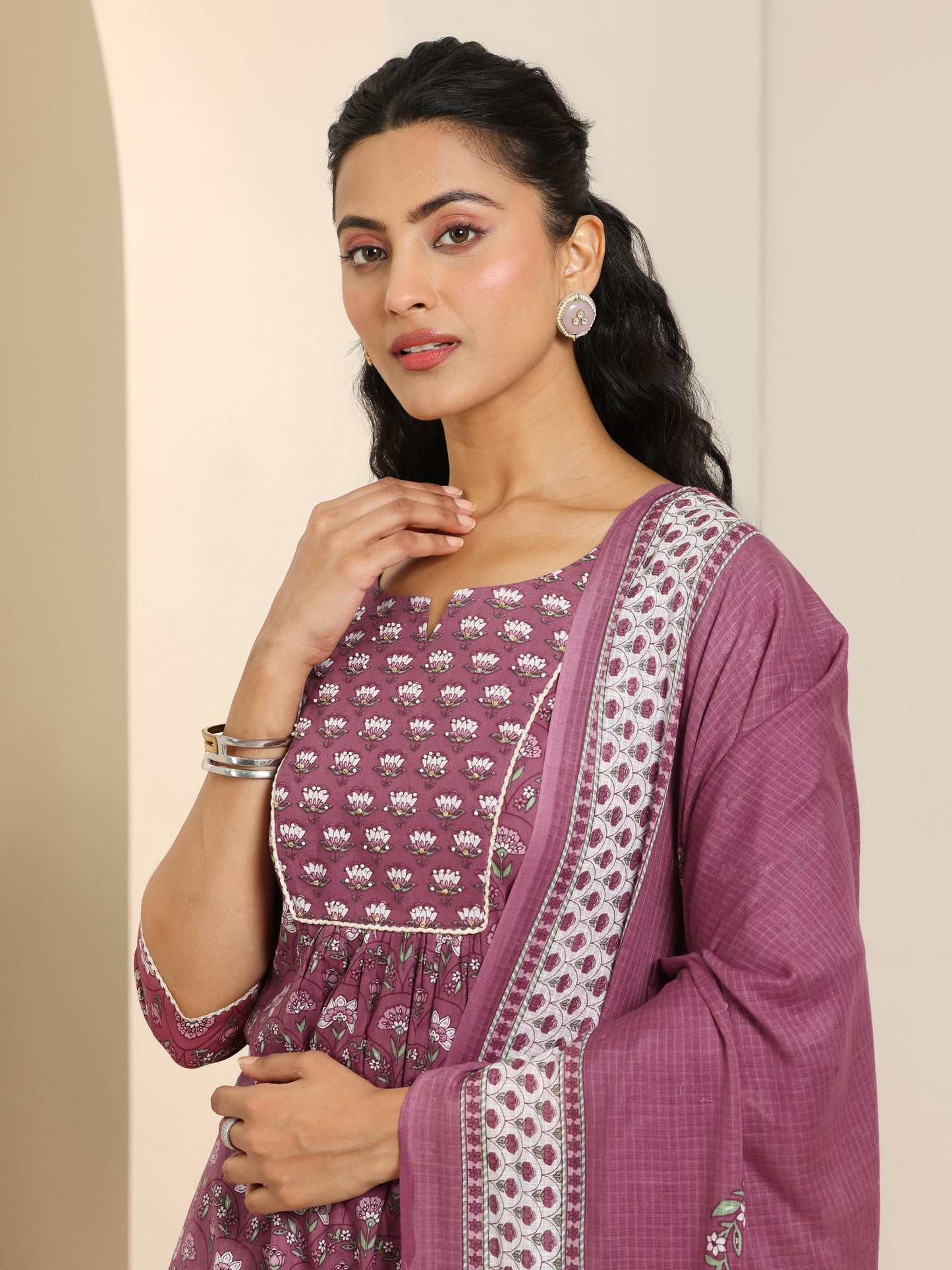 Mauve Printed Cotton Straight Suit Set With Dupatta
