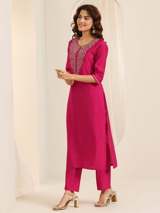 Pink Yoke Design Viscose Rayon Straight Suit Set With Dupatta