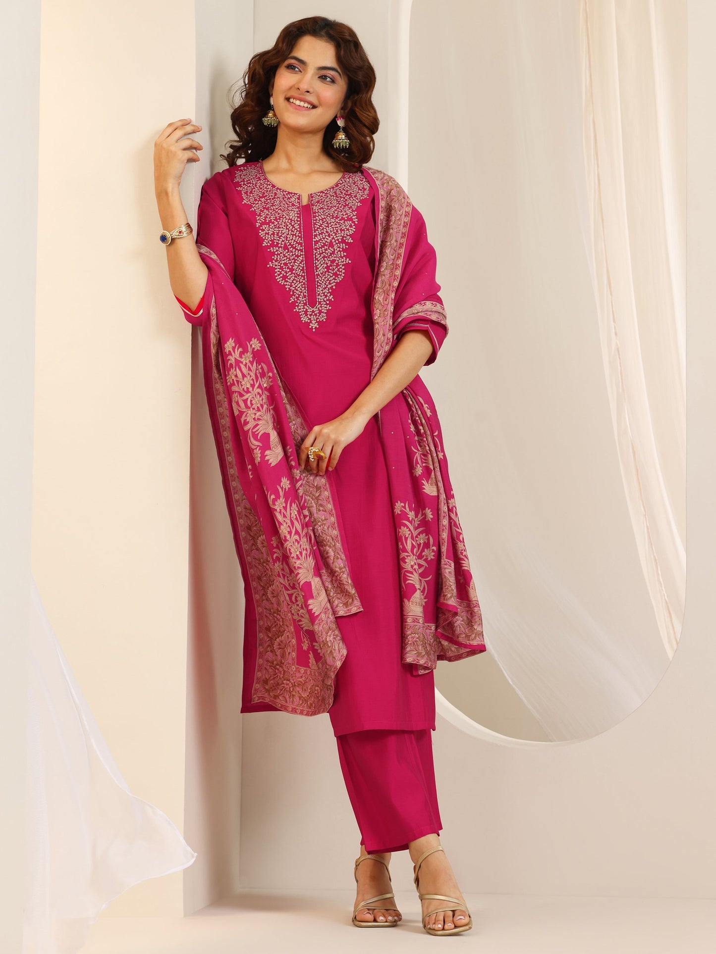 Pink Yoke Design Viscose Rayon Straight Suit Set With Dupatta