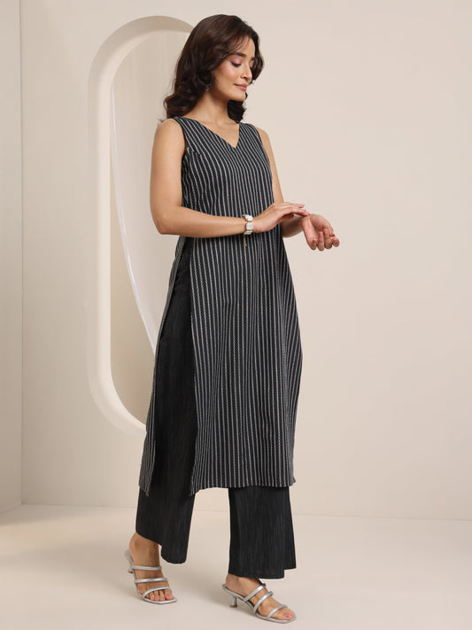 Black Woven Design Cotton Blend Straight Suit Set With Dupatta