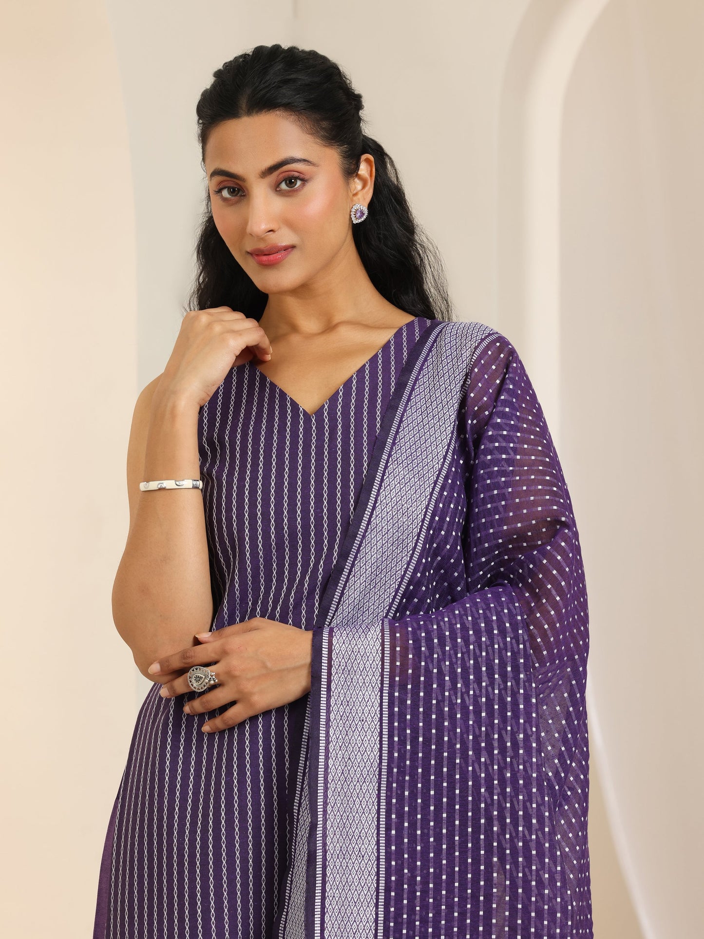 Purple Woven Design Cotton Blend Straight Suit Set With Dupatta