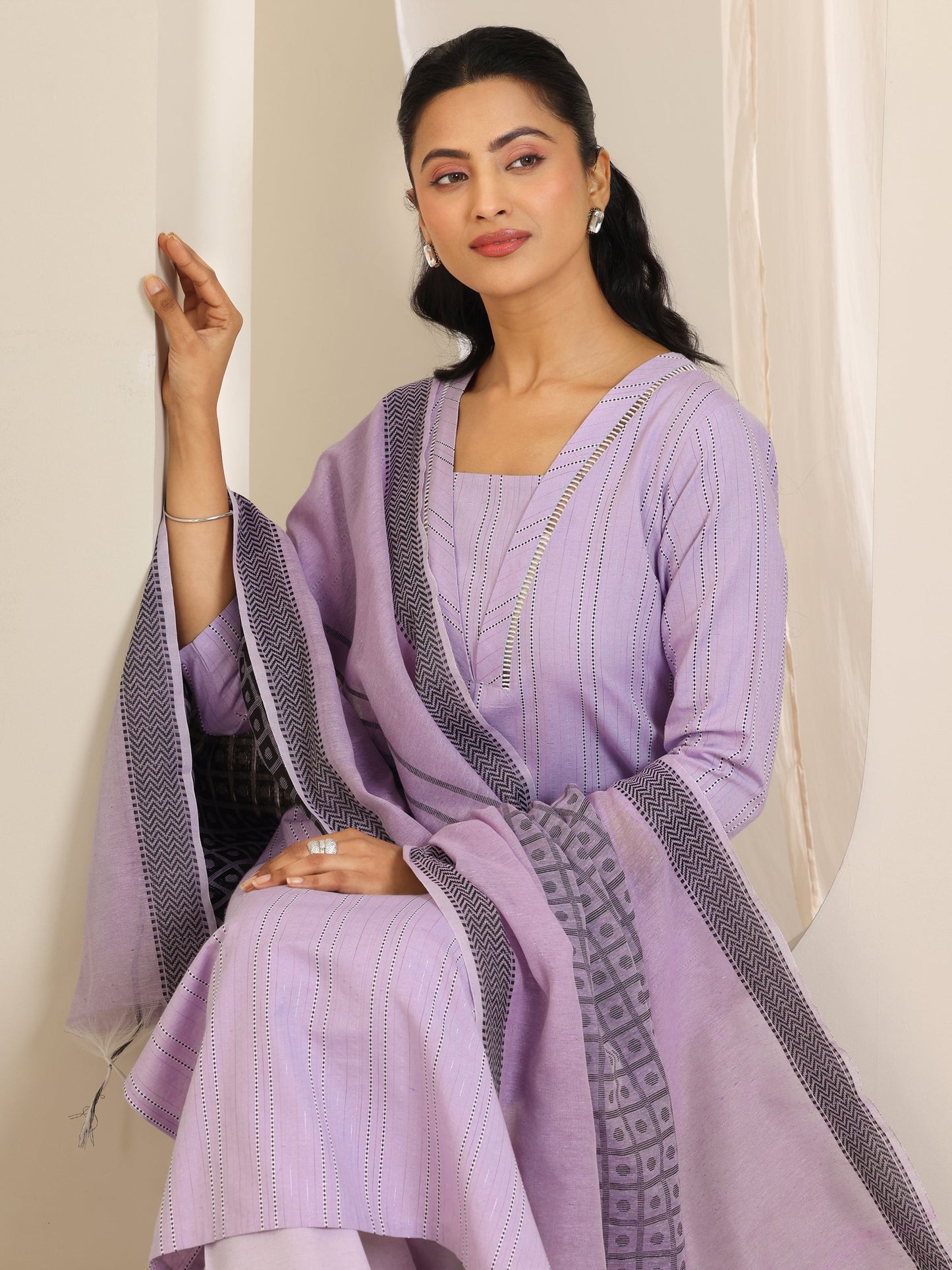 Lavender Woven Design Cotton Blend Straight Suit Set With Dupatta