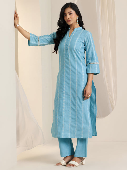 Blue Woven Design Cotton Blend Straight Suit Set With Dupatta
