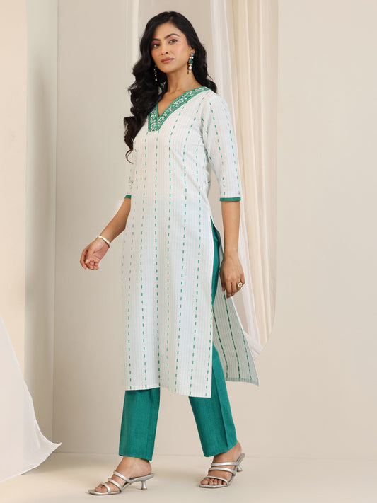 White Woven Design Cotton Blend Straight Suit Set With Dupatta