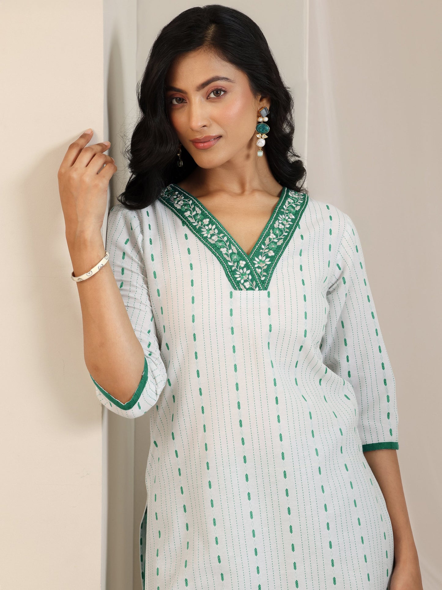 White Woven Design Cotton Blend Straight Suit Set With Dupatta