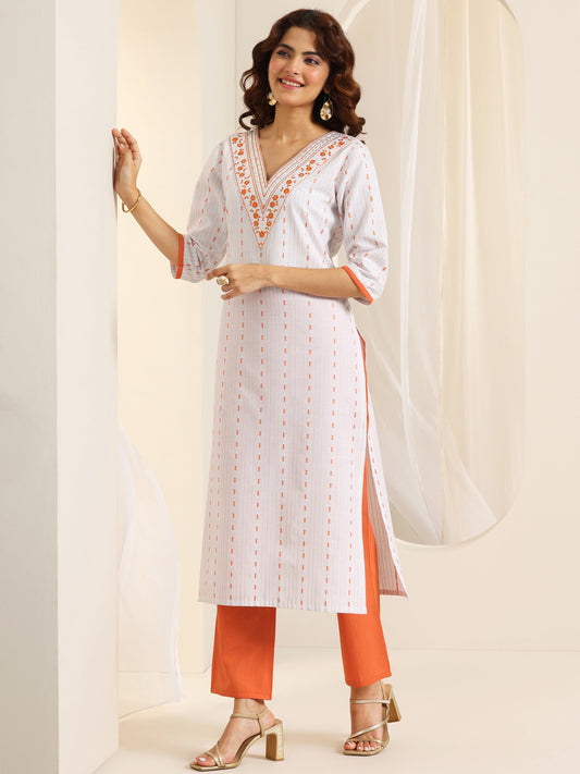 White Woven Design Cotton Blend Straight Suit Set With Dupatta