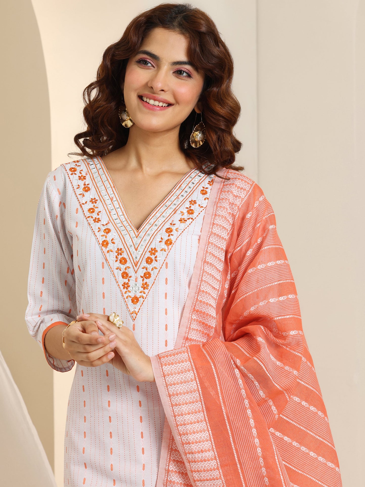 White Woven Design Cotton Blend Straight Suit Set With Dupatta