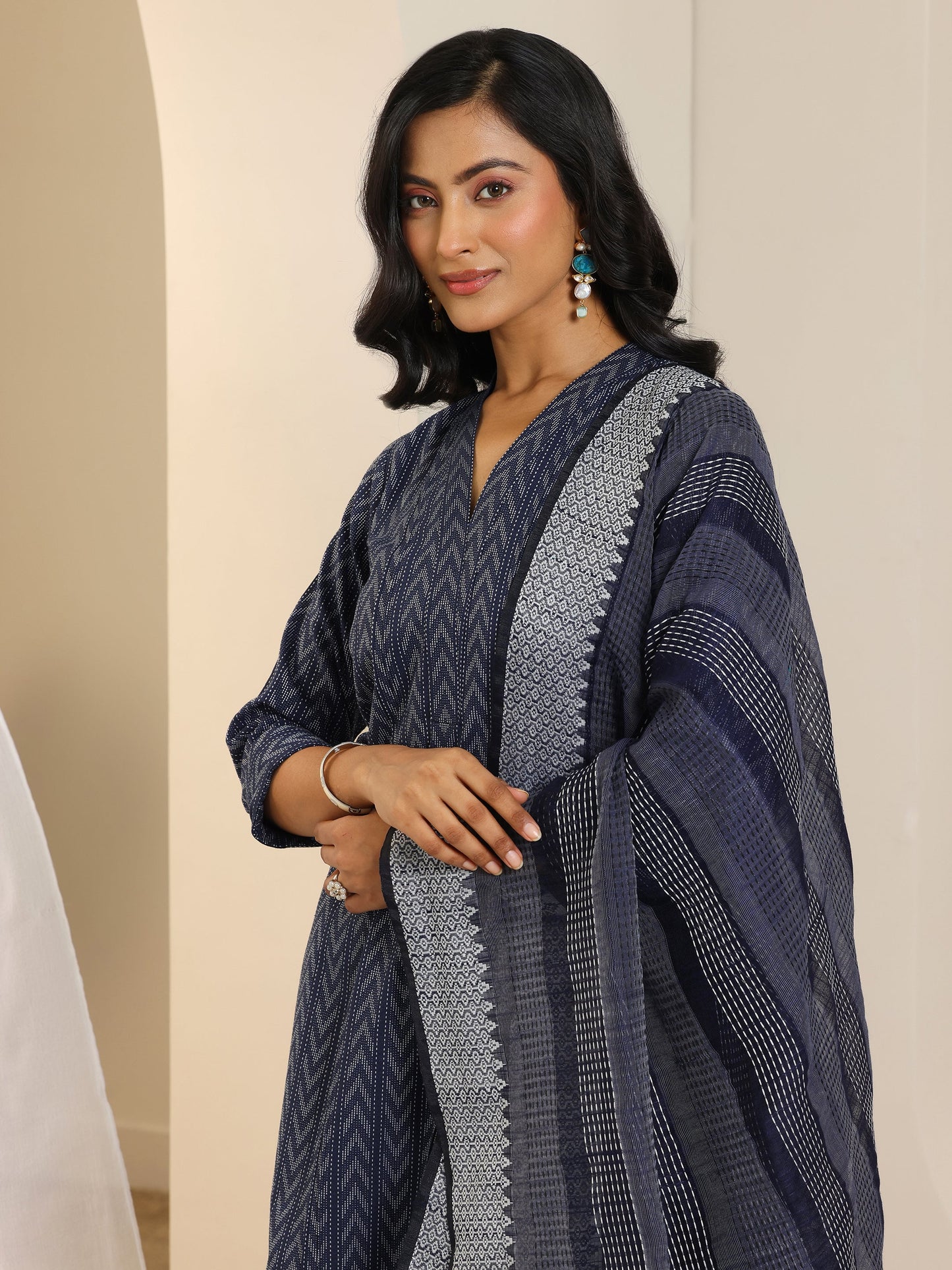 Blue Woven Design Cotton Blend Straight Suit Set With Dupatta