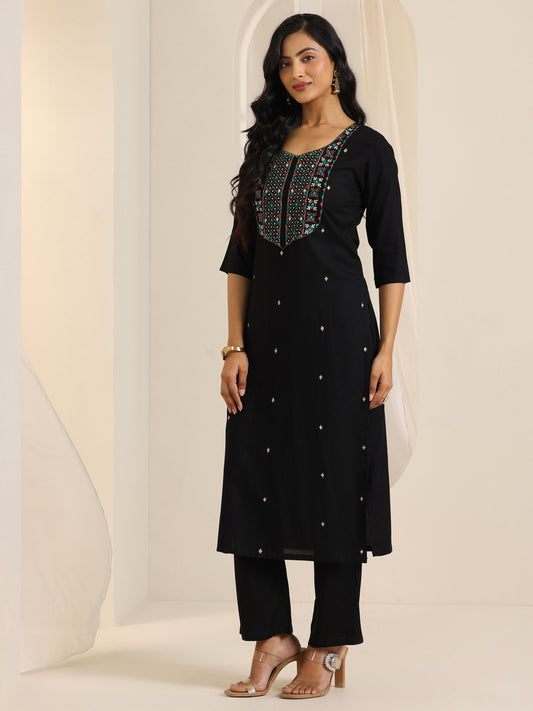 Black Embroidered Viscose Rayon Straight Suit Set With Dupatta