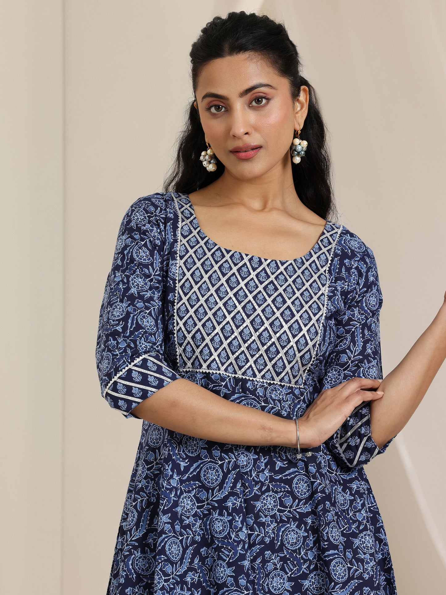 Blue Floral Printed Cotton Anarkali Suit Set With Dupatta