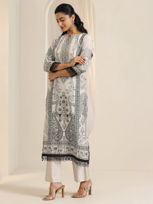 Black Floral Printed Silk Blend Straight Suit Set With Dupatta