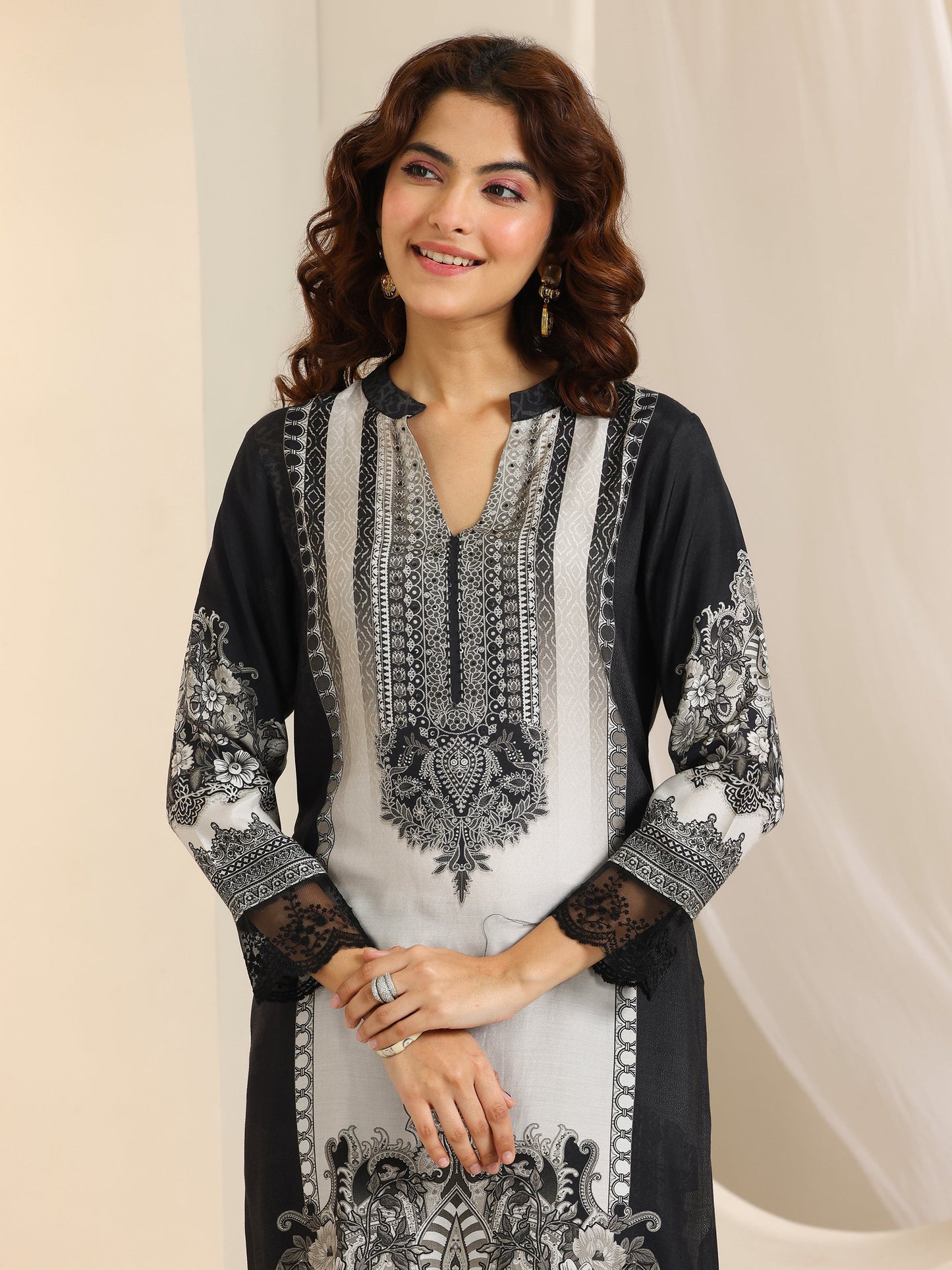 Black Floral Printed Silk Blend Straight Suit Set With Dupatta