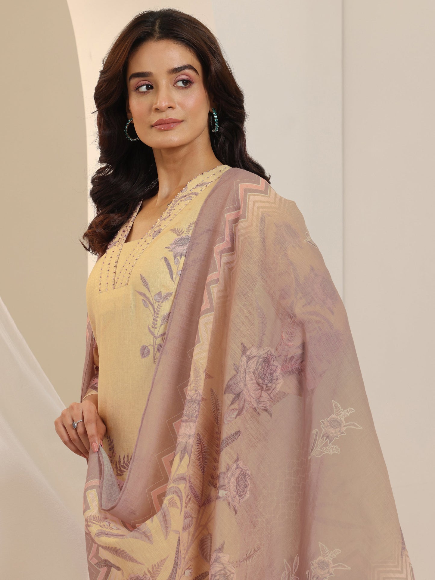 Beige Printed Cotton Blend Straight Suit Set With Dupatta