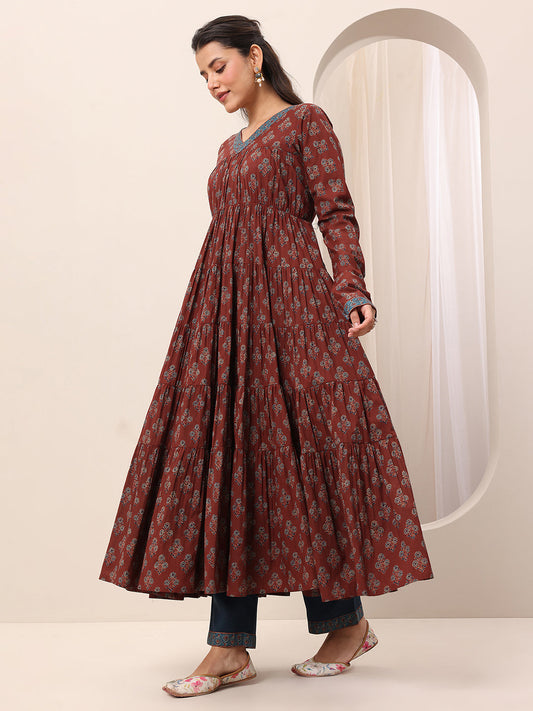 Brown Printed Cotton Anarkali Suit Set With Dupatta