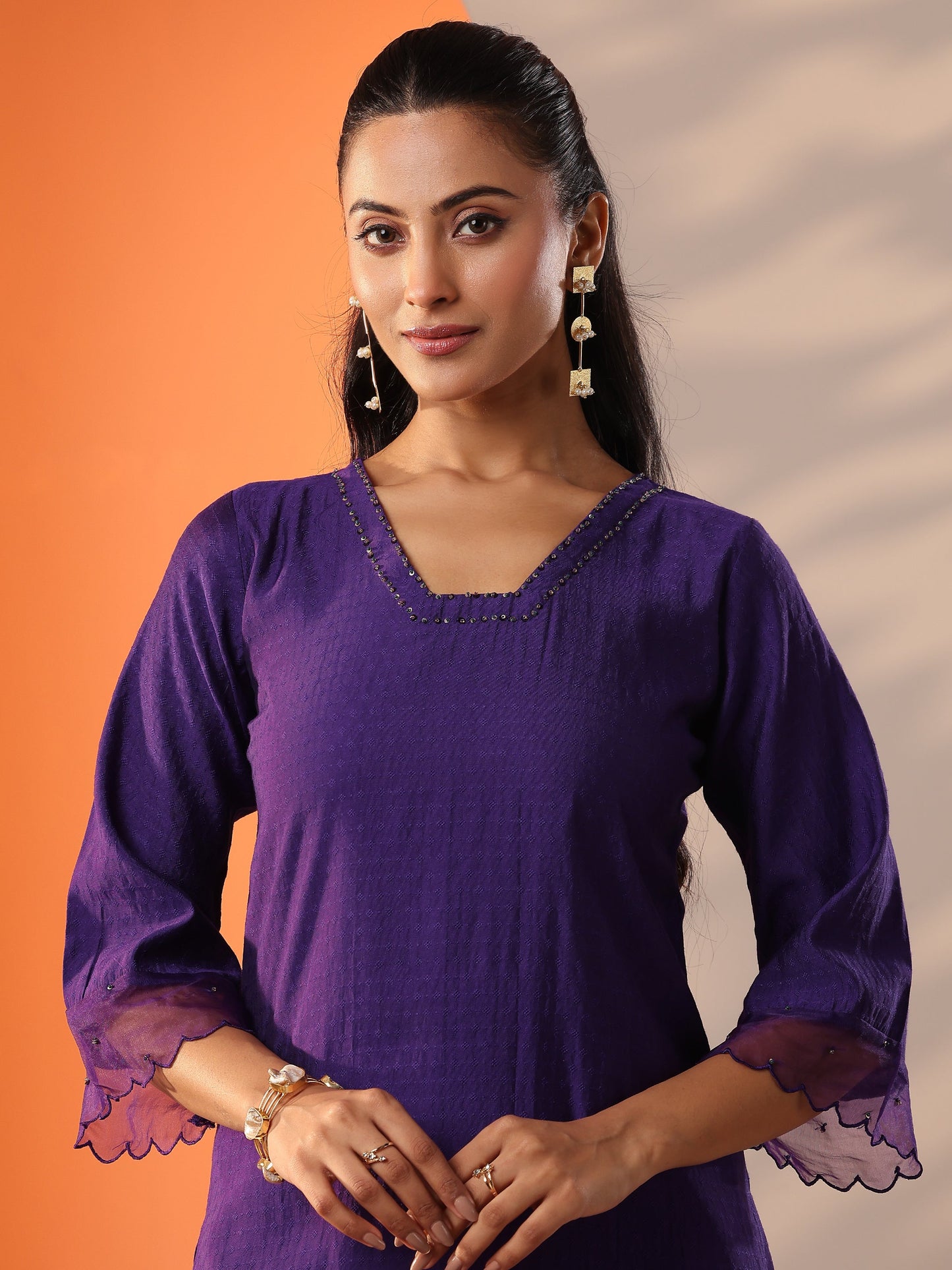 Purple Woven Design Silk Blend Straight Suit Set With Dupatta