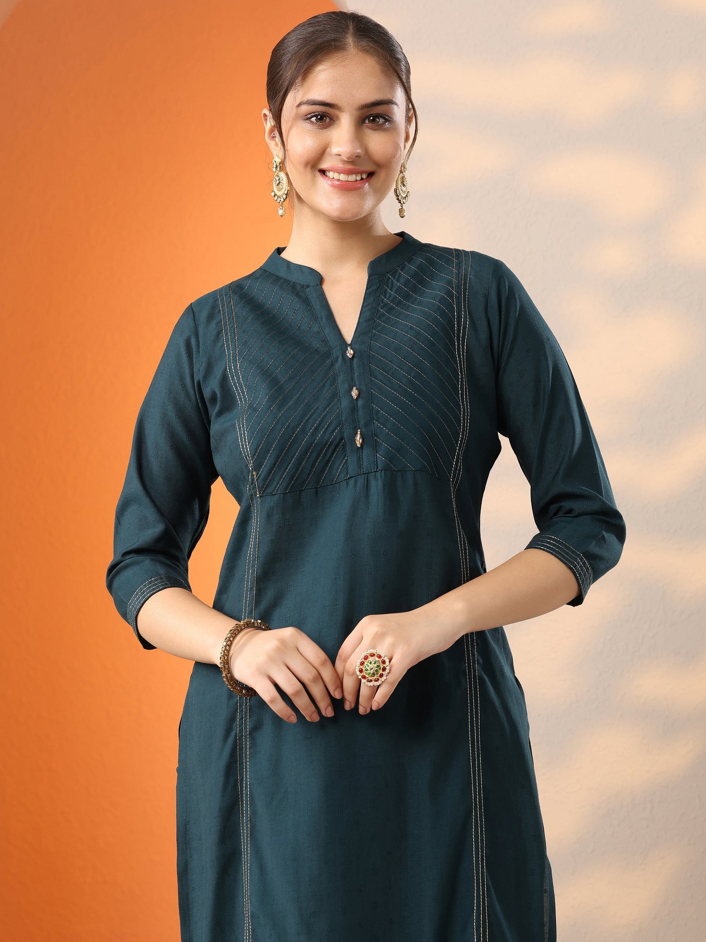 Teal Woven Design Silk Blend Straight Suit Set With Dupatta