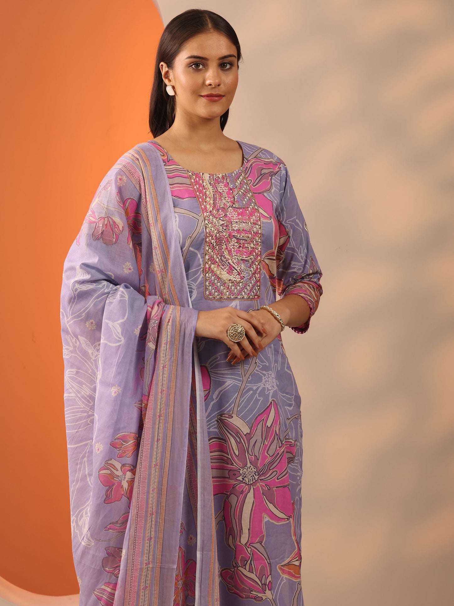 Lavender Printed Cotton Straight Suit Set With Dupatta