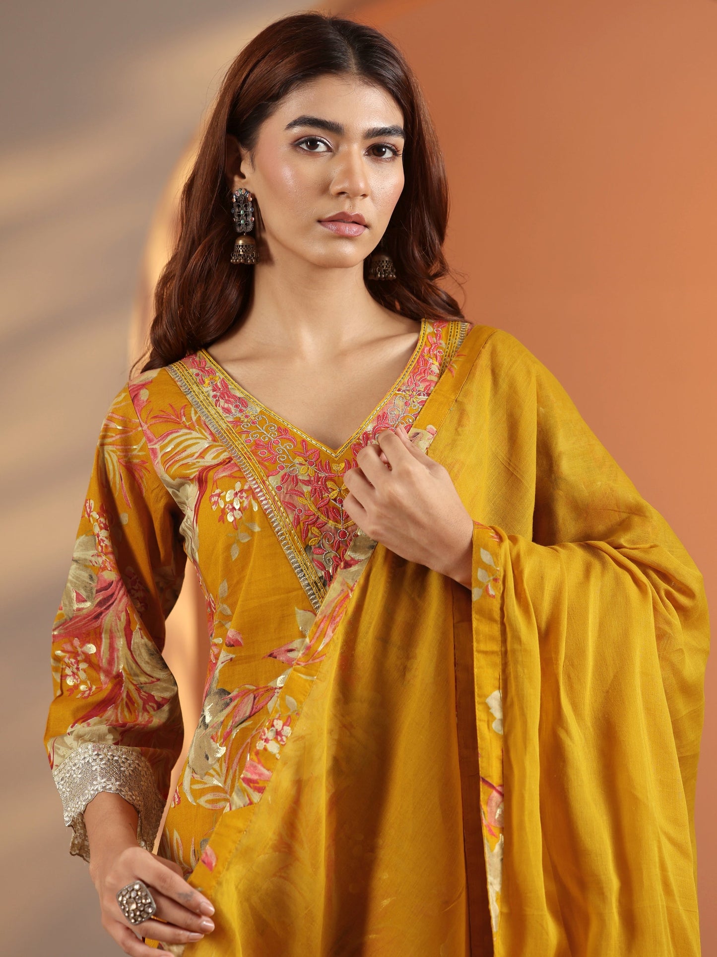 Mustard Printed Cotton Straight Suit Set With Dupatta