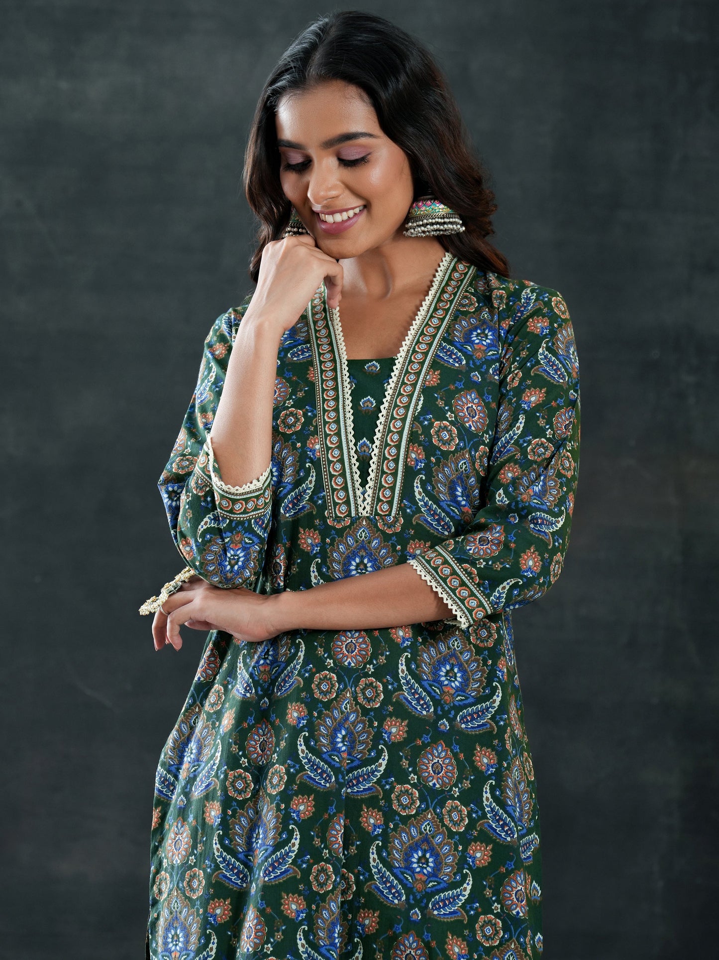 Green Printed Cotton Straight Suit Set With Dupatta