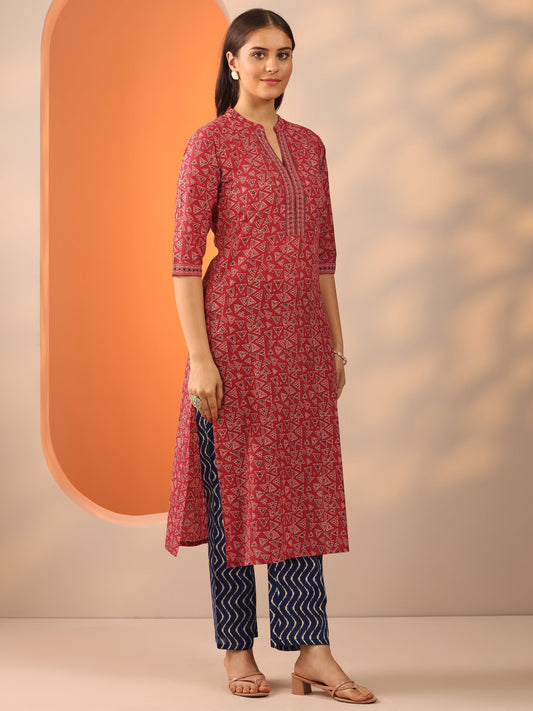 Red Printed Cotton Straight Suit Set With Dupatta