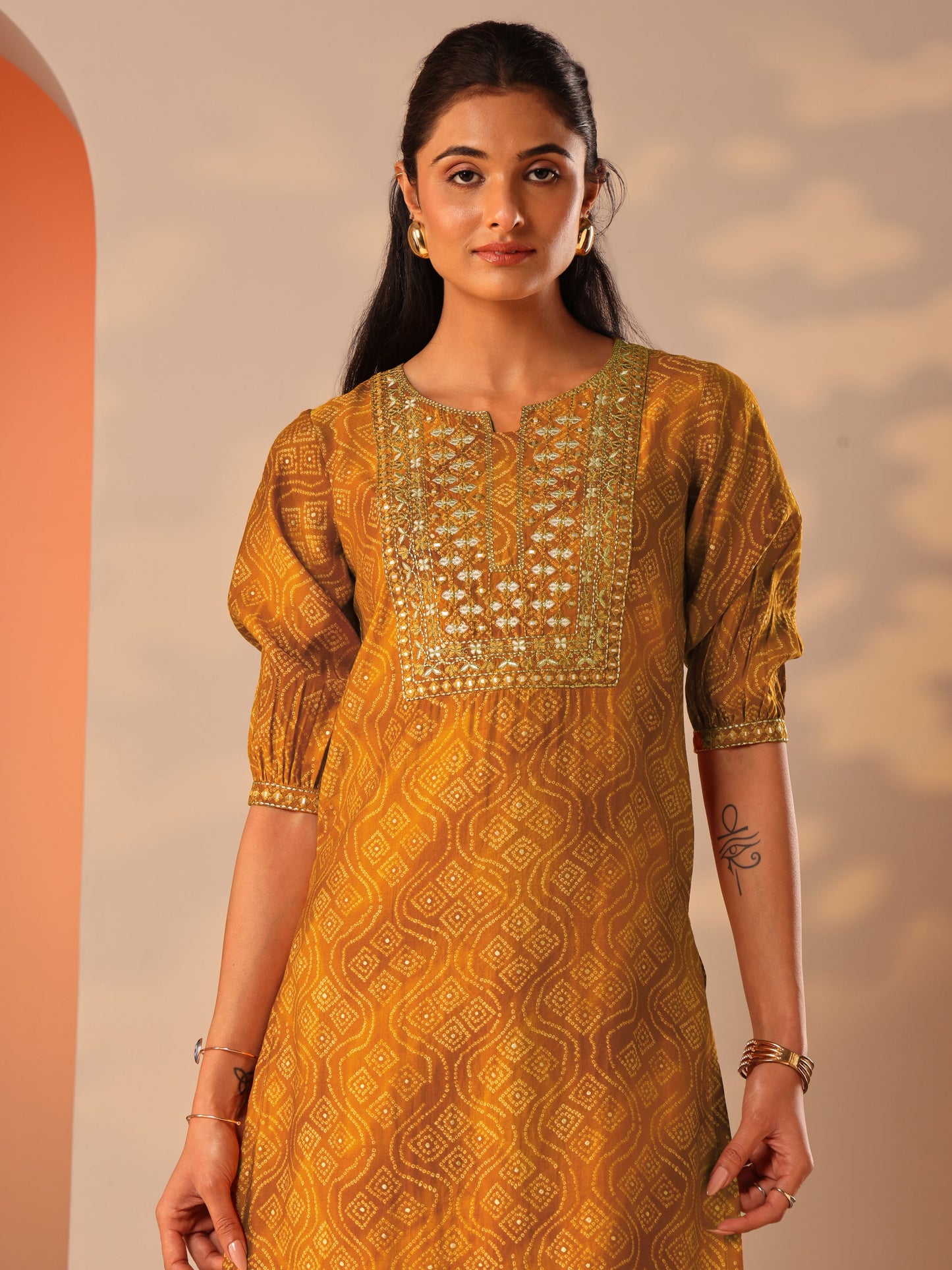 Mustard Printed Silk Blend Straight Suit Set With Dupatta