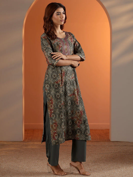 Grey Printed Silk Blend Straight Suit Set With Dupatta