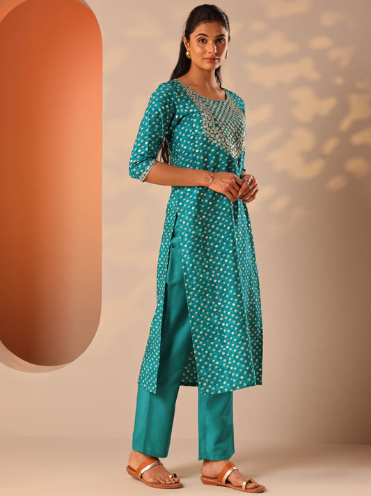 Blue Printed Silk Blend Straight Suit Set With Dupatta