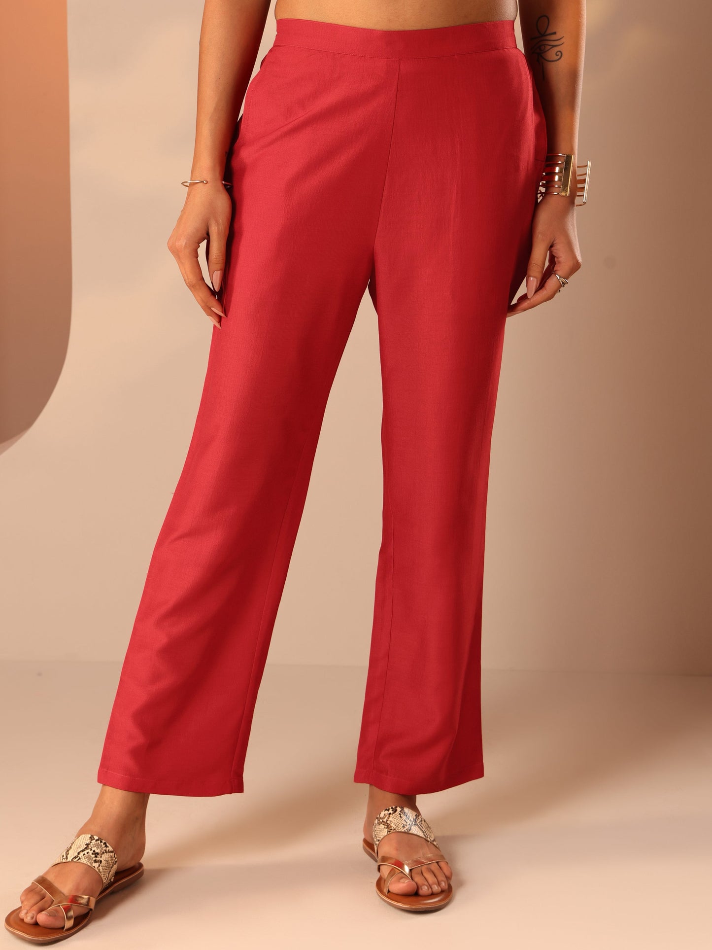 Red Printed Silk Blend Straight Suit Set With Dupatta