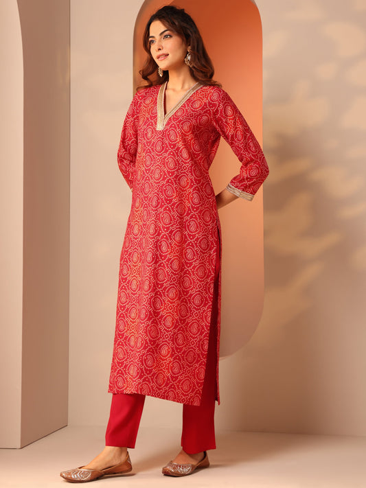 Red Printed Silk Blend Straight Suit Set With Dupatta