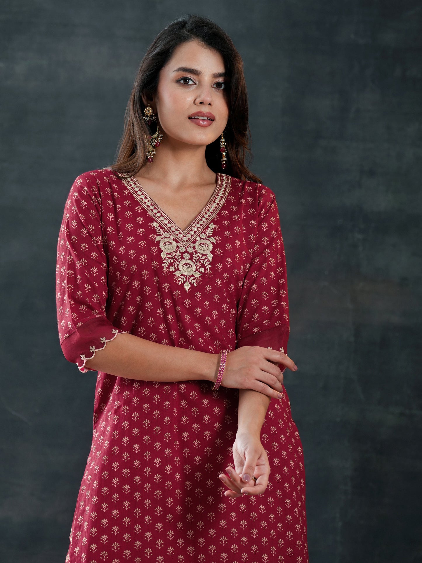 Maroon Woven Design Cotton Straight Suit Set With Dupatta