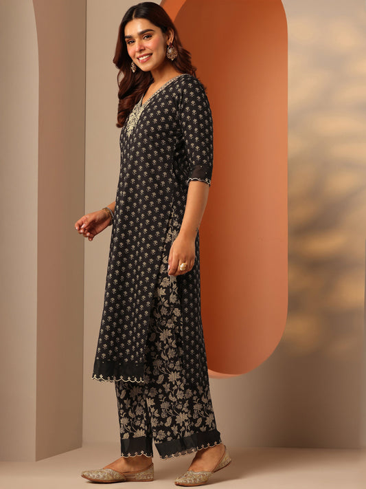 Black Woven Design Cotton Straight Suit Set With Dupatta