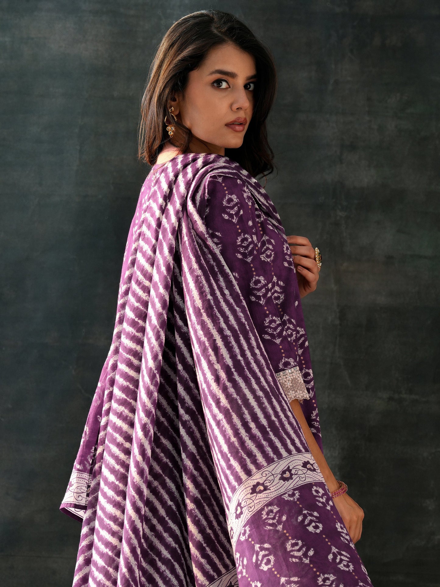 Purple Printed Cotton A-Line Suit Set With Dupatta