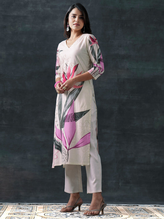 Beige Printed Cotton Straight Suit Set With Dupatta