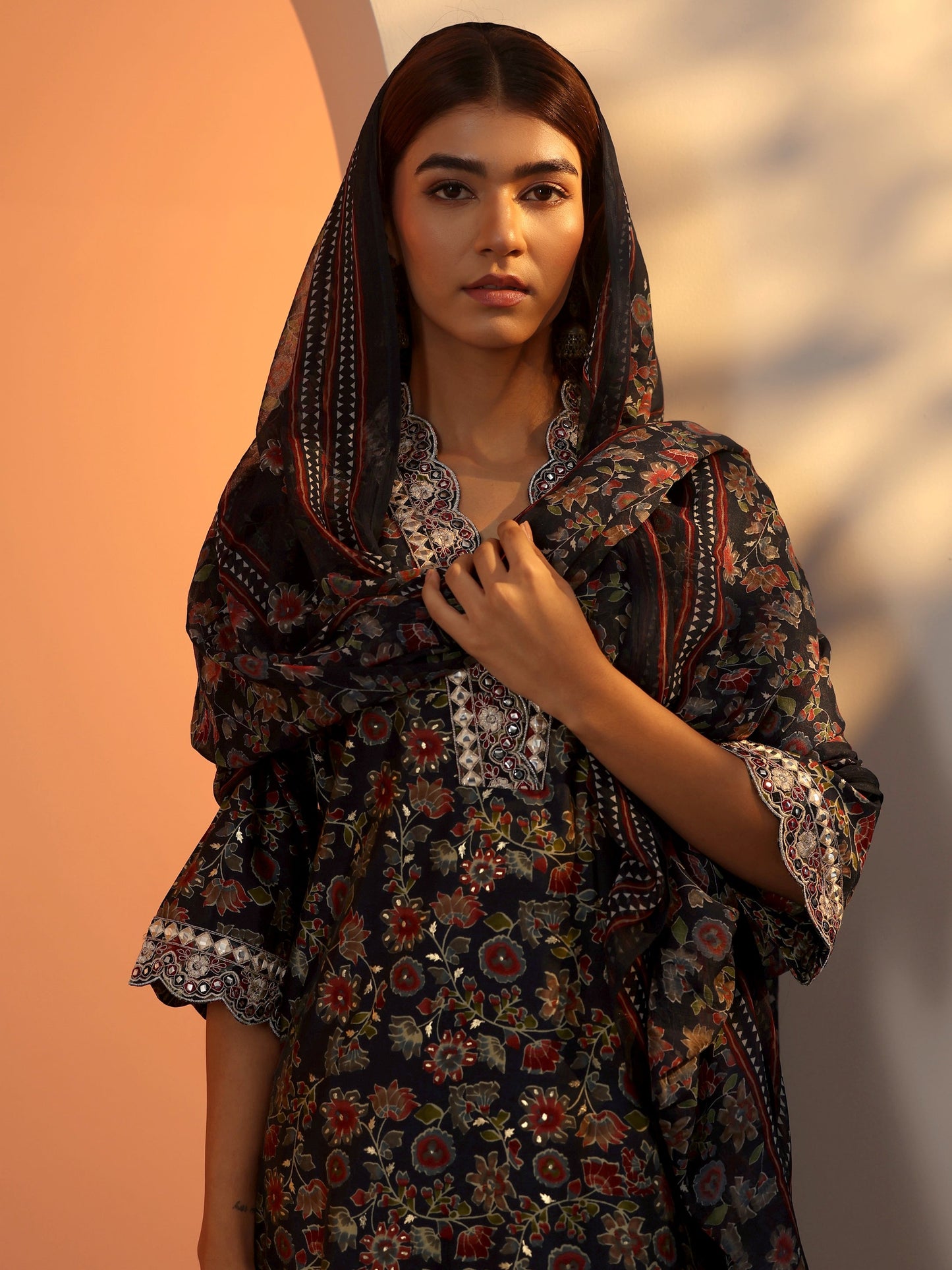 Blue Printed Silk Blend Straight Suit Set With Dupatta