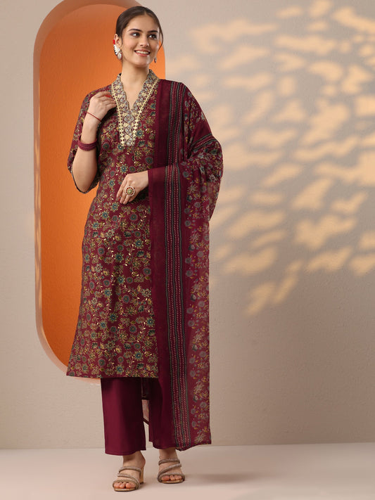 Maroon Printed Silk Blend Straight Suit Set With Dupatta