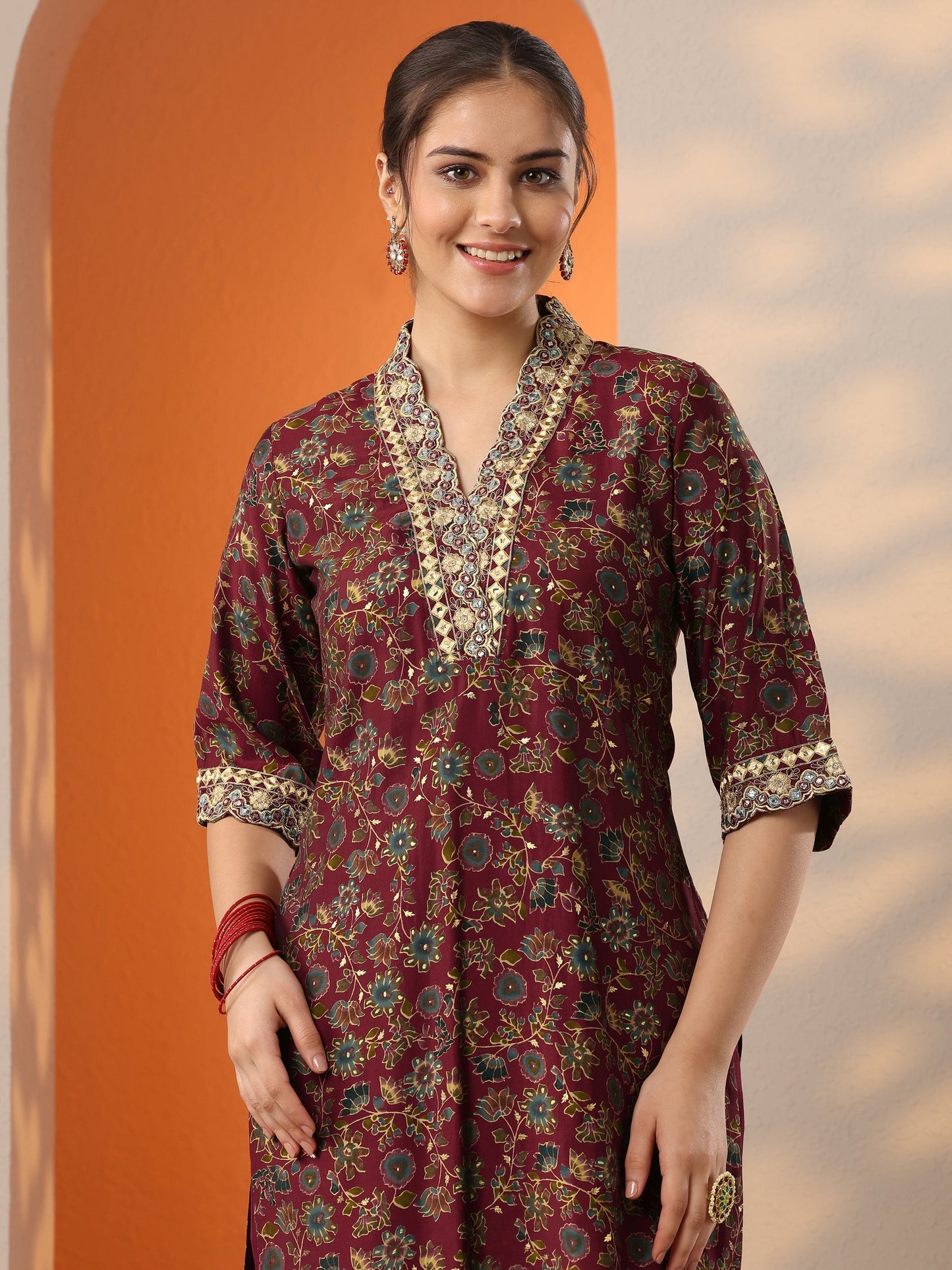 Maroon Printed Silk Blend Straight Suit Set With Dupatta