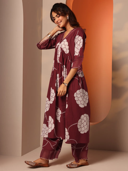 Maroon Printed Cotton A-Line Suit Set With Dupatta