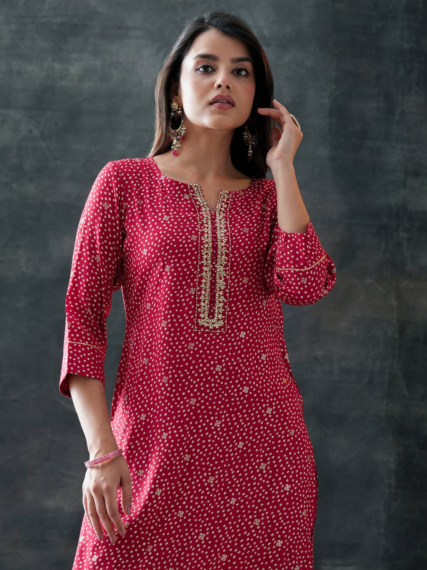 Maroon Printed Silk Blend Straight Suit Set With Dupatta