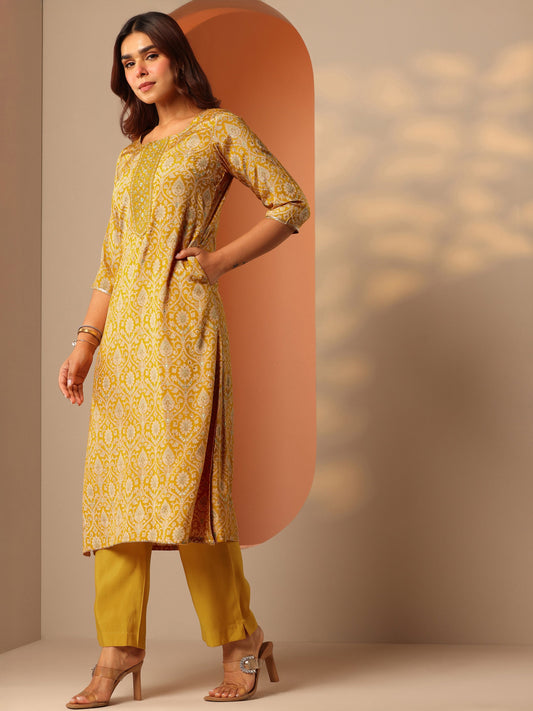 Mustard Printed Silk Blend Straight Suit Set With Dupatta